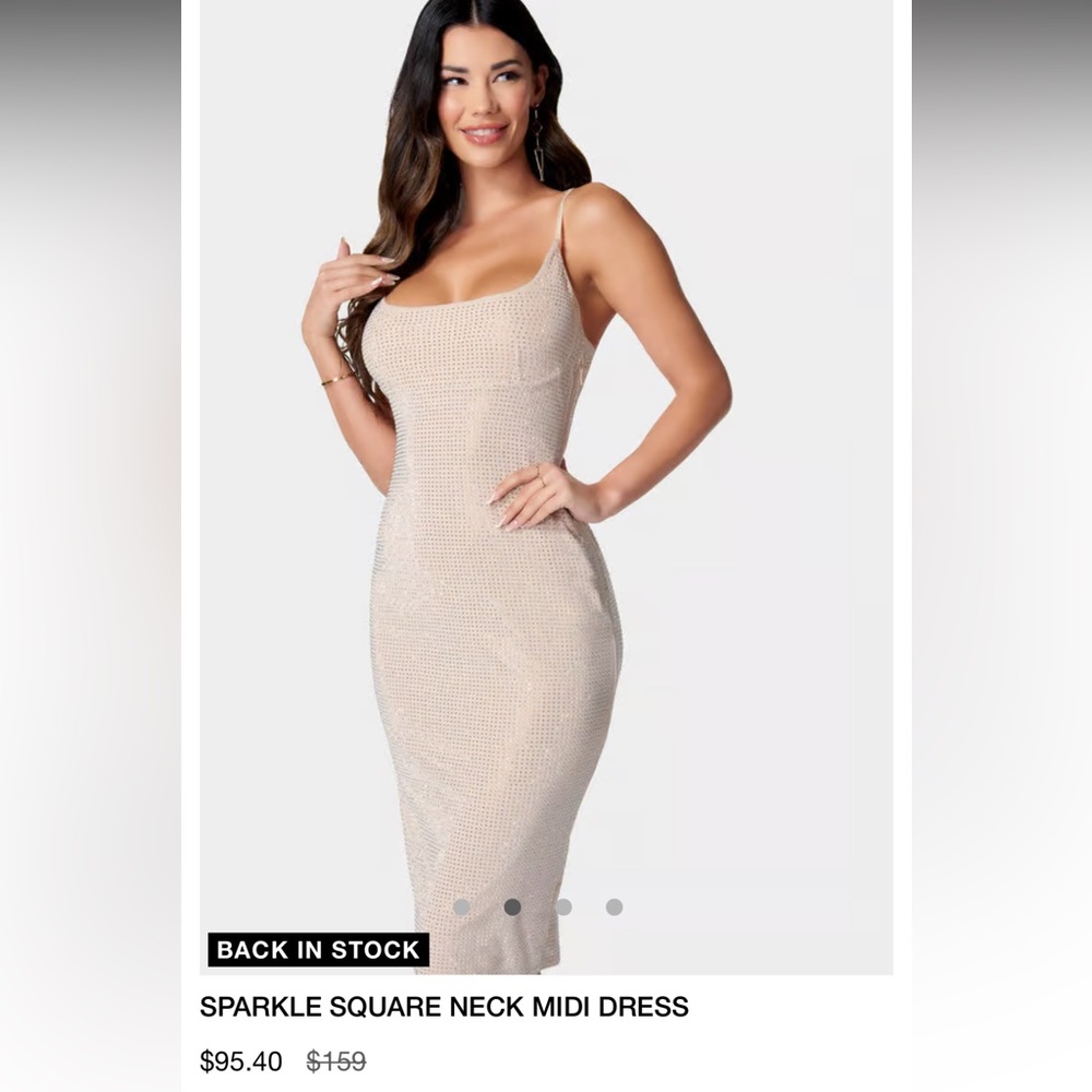 Bebe Sparkle Square Neck Midi Dress in Nude Tan Size Large Silver Rhinestone - Picture 11 of 11